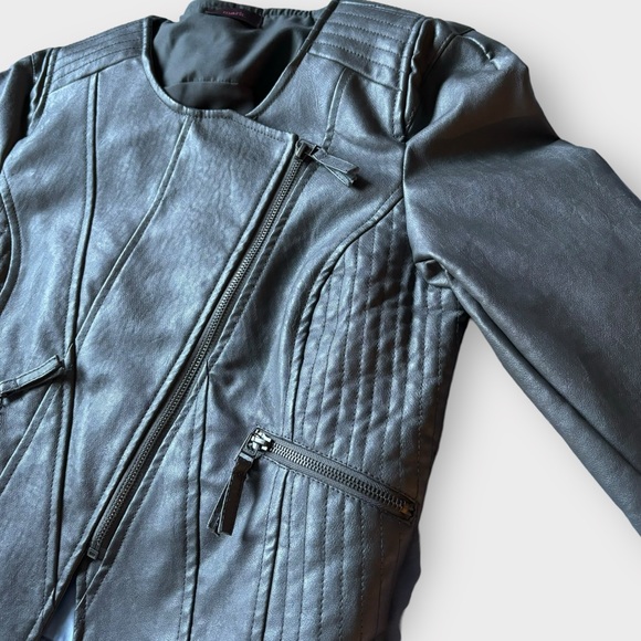 Asymmetrical Cropped Vegan Leather Moto Biker Jacket Grey Medium - Picture 6 of 16